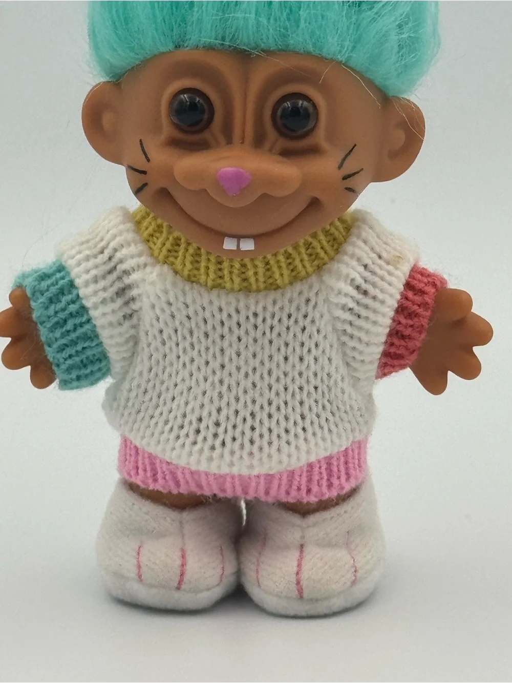 Vtg Russ Berrie Easter Bunny‎ Troll Doll Blue Hair Pastel Sweater 7 Inch